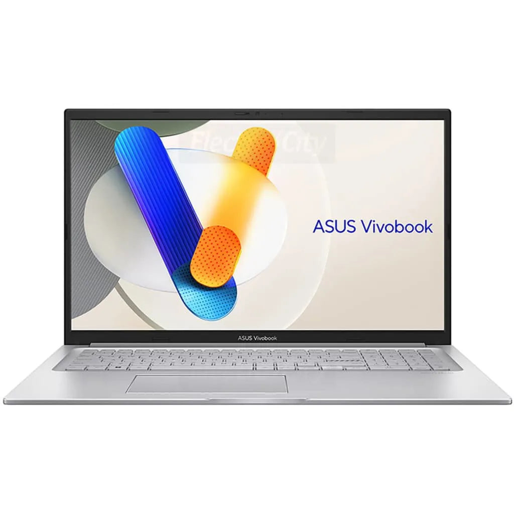 ASUS Vivobook 17.3 inch silver laptop displaying colorful abstract design on full HD screen with wireless keyboard and touchpad visible