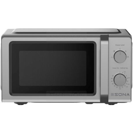Sona 20 litre 700W manual microwave in silver with black interior, featuring dual control knobs for power level and timer on the right side