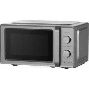 Sona 20 litre 700w manual microwave in silver with black interior, featuring two control dials on the right side for power level and timer settings