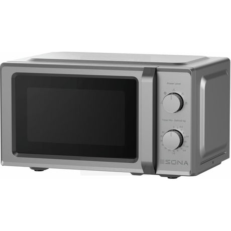 Sona 20 litre 700w manual microwave in silver with black interior, featuring two control dials on the right side for power level and timer settings