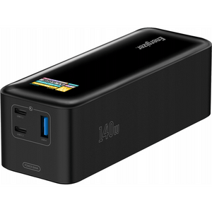 Energizer Power Tank 27000mAh 140W portable power bank in black with USB-C and USB-A ports and digital display showing battery status