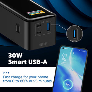 Black Energizer Power Tank 27000mAh 140W portable power bank with multiple USB ports including USB-C and 30W Smart USB-A, displayed with a smartphone charging to 90% battery, shown against blue background with product specifications highlighting fast charge capability from 0 to 80% in 25 minutes