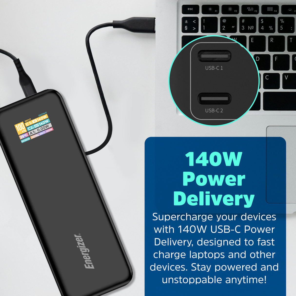 Energizer Power Tank 27000mAh portable charger in black with dual USB-C ports and 140W power delivery, shown connected to keyboard with colorful power specifications label visible on device