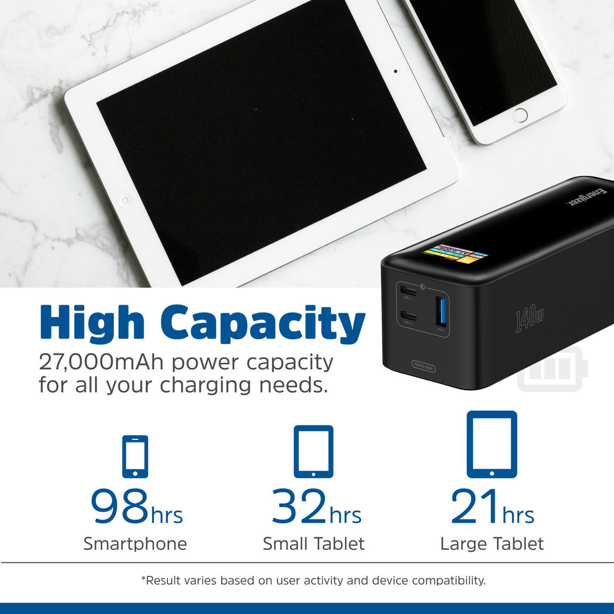 Energizer Power Tank 27000mAh 140W black portable power bank displayed with white tablet and smartphone on marble surface, showing 98 hours smartphone, 32 hours small tablet, and 21 hours large tablet charging capacity