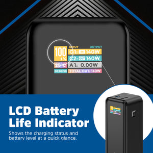 Energizer Power Tank 27000mAh 140W black portable charger displaying colorful LCD screen showing battery percentage, input/output wattage, and charging status information