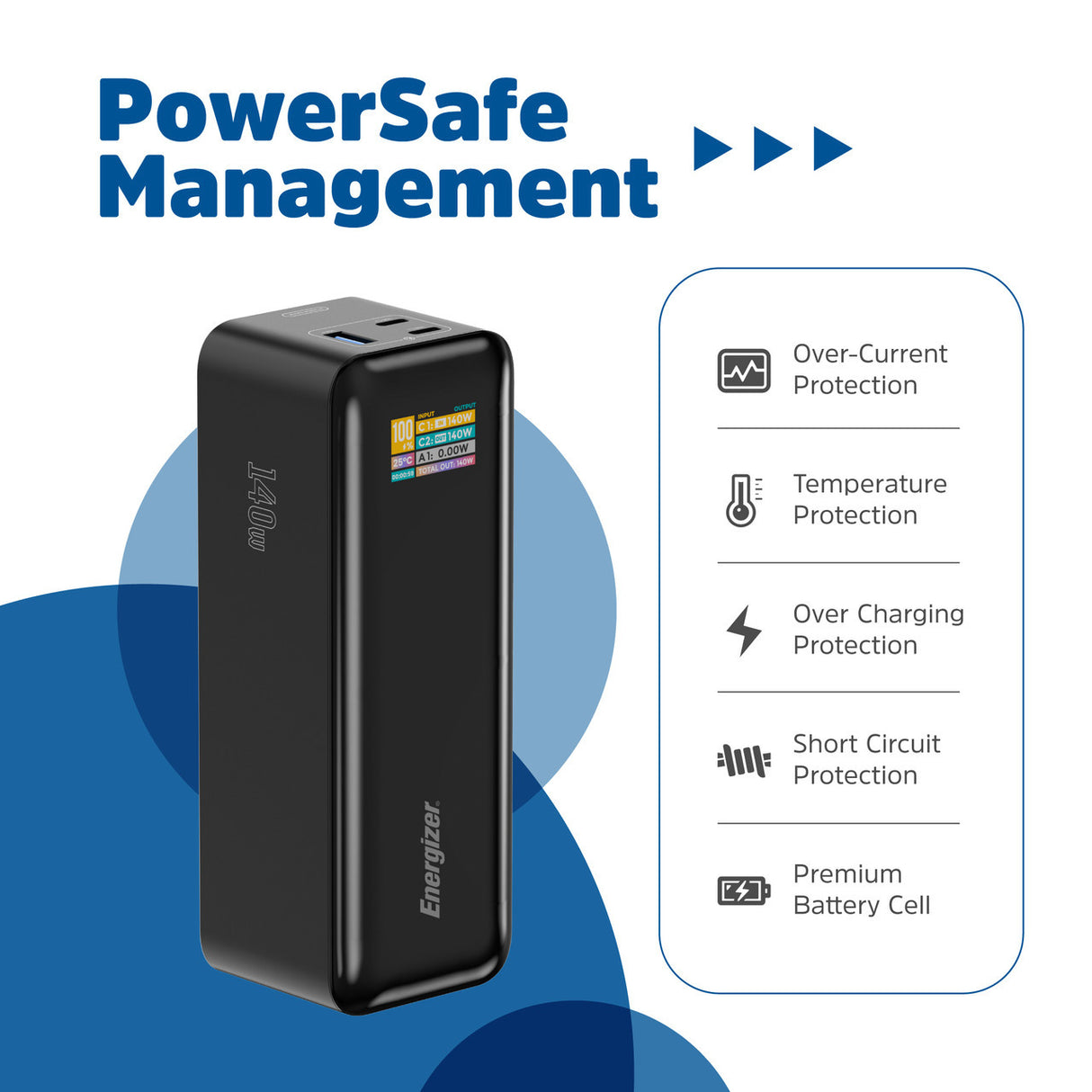 Black Energizer Power Tank 27000mAh 140W portable power bank with digital display showing power output, featuring PowerSafe Management technology including over-current protection, temperature protection, over-charging protection, short circuit protection and premium battery cell