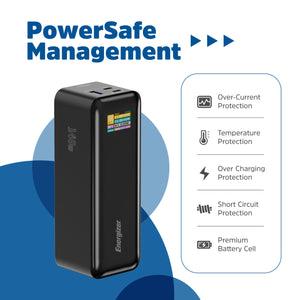 Black Energizer Power Tank 27000mAh 140W portable power bank with digital display showing power output, featuring PowerSafe Management technology including over-current protection, temperature protection, over-charging protection, short circuit protection and premium battery cell