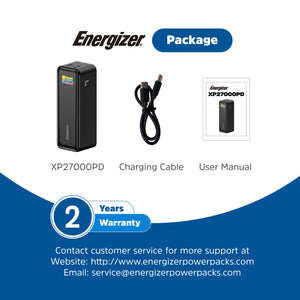 Energizer XP27000PD power bank package contents including 27000mAh black portable charger, USB charging cable and user manual with 2 years warranty