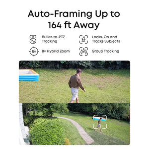 Outdoor scene with a person walking on grass, pool in background, and text about security camera features.