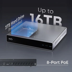 eufy hard drive with 2TB capacity and 8-Port PoE on a dark background