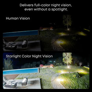 Comparison of human vision and Starlight Color Night Vision in a dark outdoor setting.