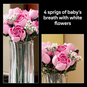 LEGO Bouquet of Pink Roses 10374 displayed in a clear ribbed glass vase featuring four sprigs of baby's breath with white flowers and pink LEGO roses shown from two angles