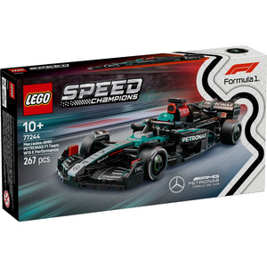LEGO Speed Champions Mercedes-AMG PETRONAS Formula 1 W15 E Performance race car set 77244 featuring black teal and red F1 vehicle with 267 pieces for ages 10 and up displayed in packaging box on white background
