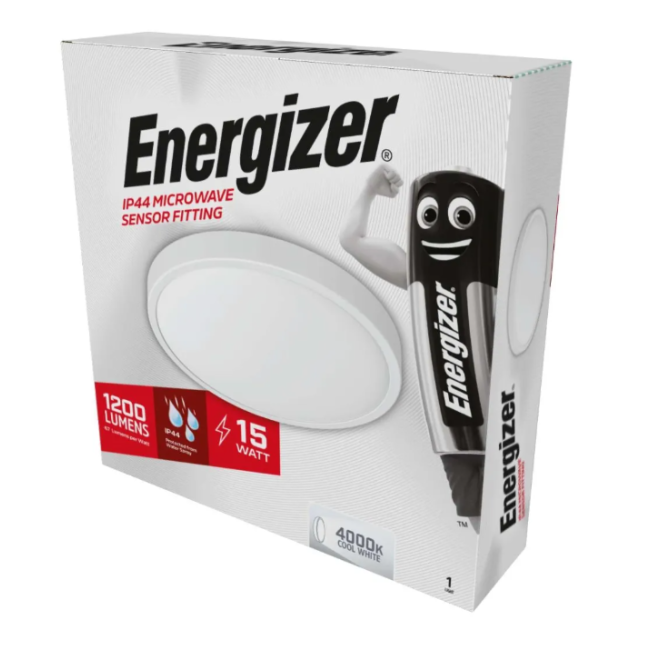Energizer IP44 15W white microwave motion sensor ceiling light fitting with 1200 lumens cool white 4000K output, shown in product packaging with Energizer battery mascot character