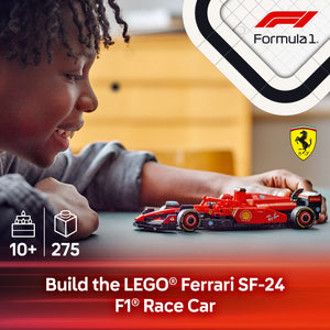 Child playing with red LEGO Ferrari SF-24 Formula 1 race car set with 275 pieces, recommended age 10 plus, featuring official Ferrari and Shell branding on realistic sports car model