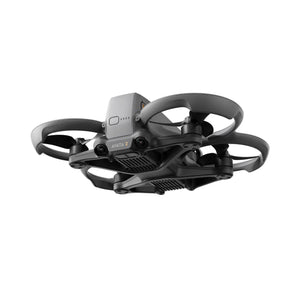 DJI Avata 2 FPV drone with four propeller arms shown from above angle, featuring black and grey color scheme with integrated camera mounted on front, displayed against white background