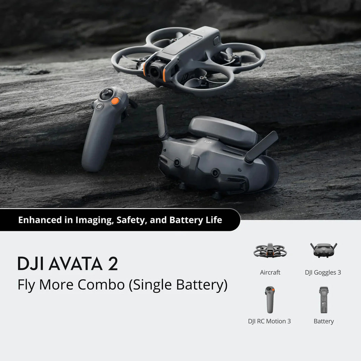 DJI Avata 2 FPV drone Fly More Combo with gray aircraft, remote controller, DJI Goggles 3, RC Motion 3 controller, and single battery displayed on rocky surface with product tagline Enhanced in Imaging Safety and Battery Life