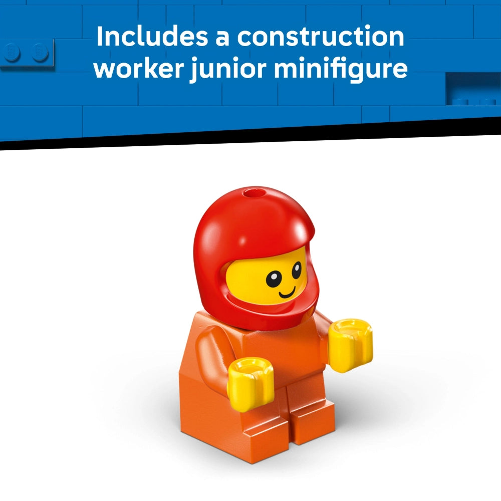 LEGO construction worker junior minifigure with red helmet, yellow face, orange torso and legs, and yellow hands, displayed against blue LEGO brick background