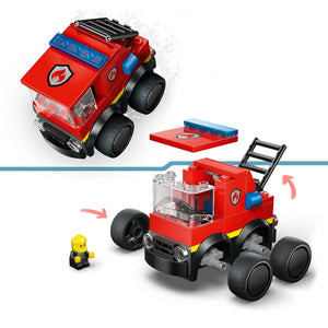LEGO City Fire Truck 60482 set showing red and black buildable fire engine with blue light bar, black wheels, roof rack, extending ladder, yellow firefighter minifigure, and instruction card displayed in transformation sequence from compact to expanded truck form
