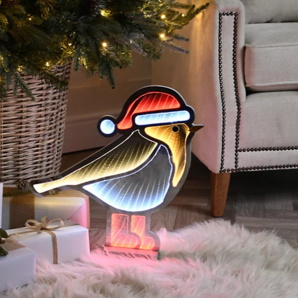 Festive Robin Red Boots Infinity LED Mirror Light with Wooden Base - 40cm