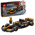LEGO Speed Champions McLaren F1 Team MCL38 race car set 77251 featuring orange and black formula 1 vehicle with minifigure driver and pit crew accessories on white background