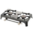 Foker cast iron double burner gas stove in black with two burner heads, control knobs, and brass valve handles on a dark grey metal base