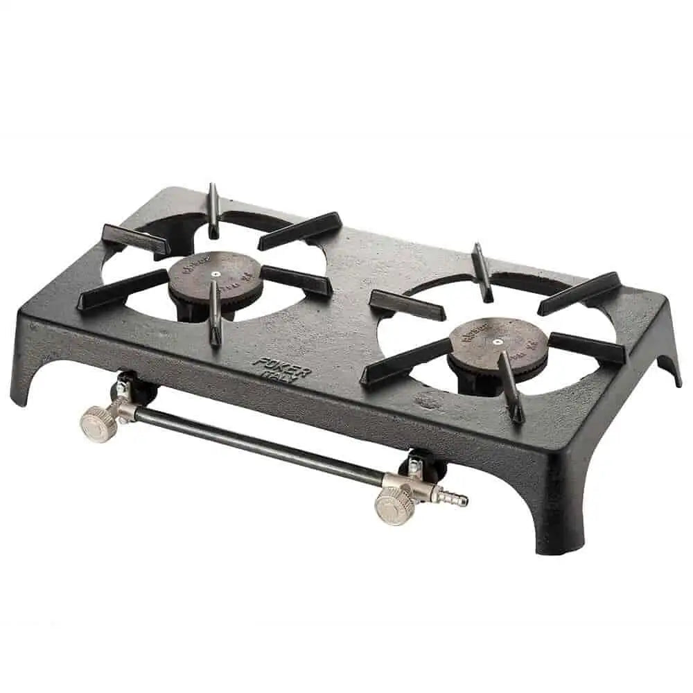 Foker cast iron double burner gas stove in black with two burner heads, control knobs, and brass valve handles on a dark grey metal base