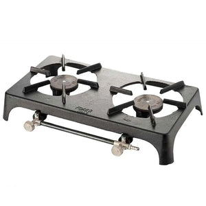 Foker cast iron double burner gas stove in black with two burner heads and needle valve controls