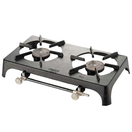 Foker cast iron double burner gas stove in black with two burner heads and needle valve controls