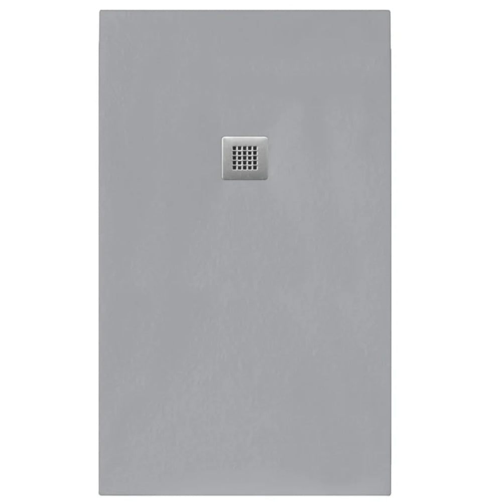 Gray stone rectangular shower tray with central square drain cover, 25mm height, modern minimalist design