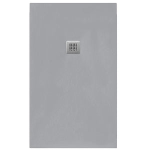 Gray stone rectangular shower tray with central square drain cover, 25mm height, modern minimalist design