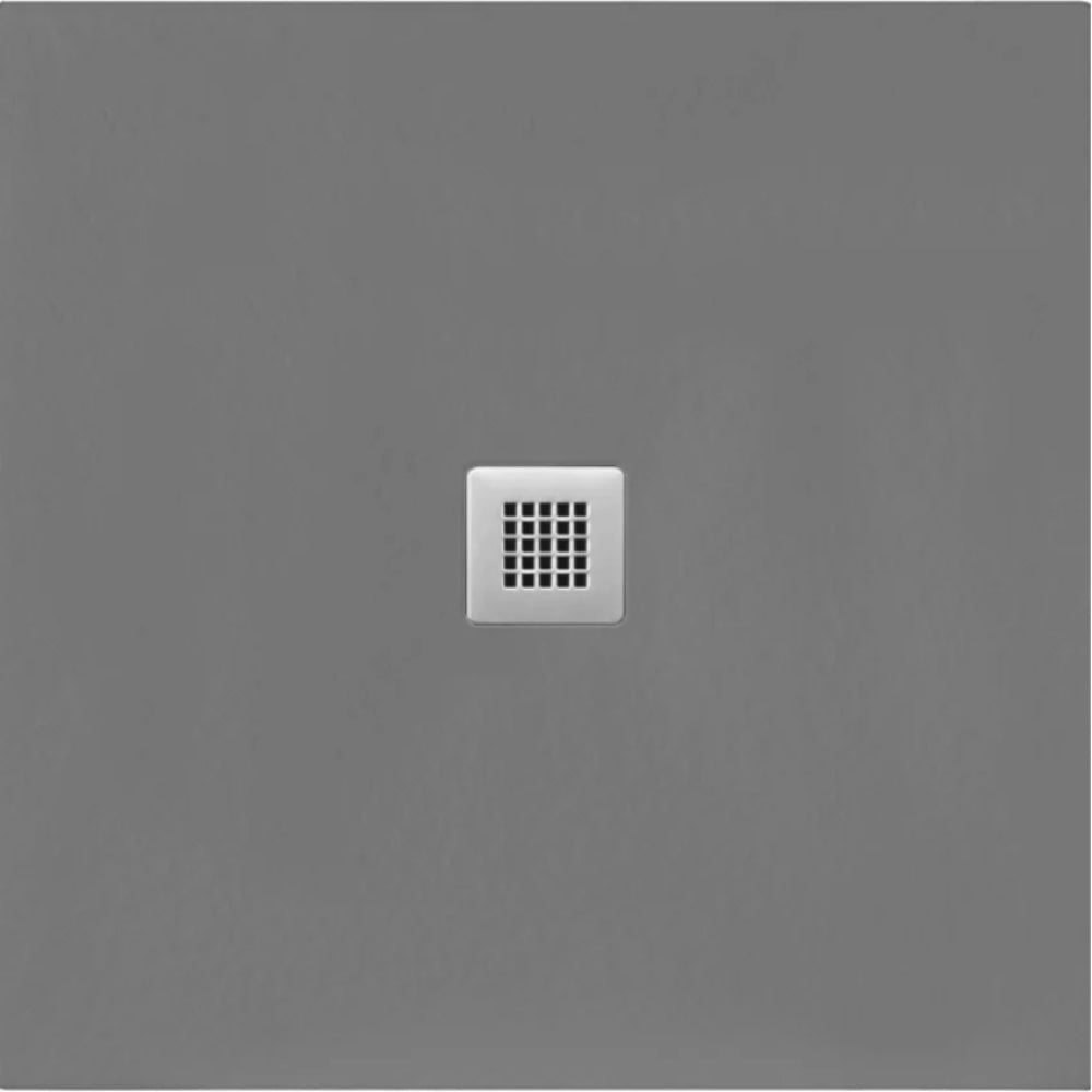 Flair Gemstone Slate Square Tray with integrated drain in dark grey stone finish, 25mm height, top view showing square drainage pattern on neutral background