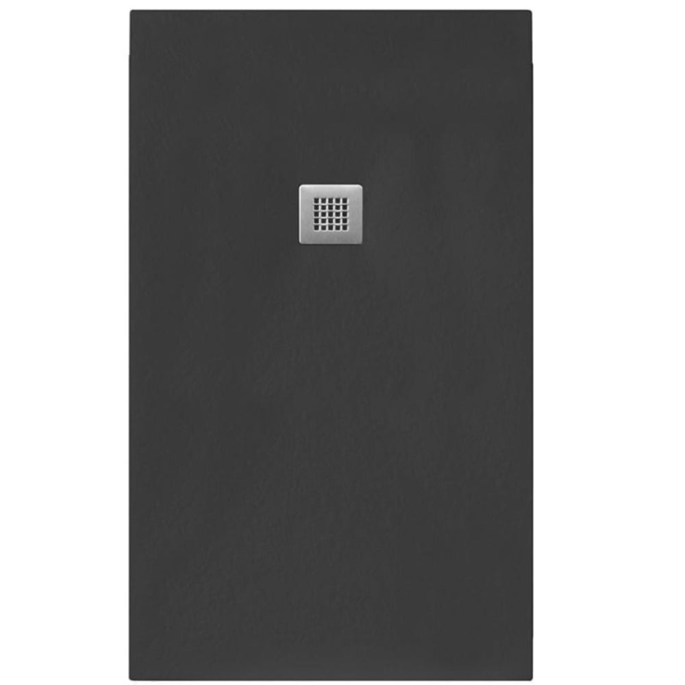 Dark grey slate rectangular shower tray with metallic square drain cover, 25mm height, modern minimalist design