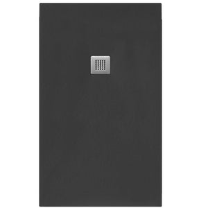 Dark grey slate rectangular shower tray with metallic square drain cover, 25mm height, modern minimalist design