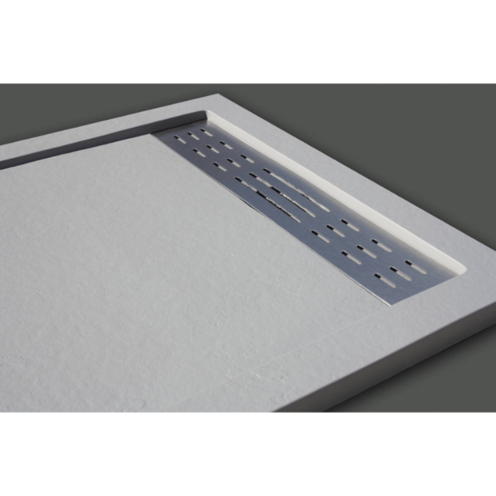 White rectangular shower tray with integrated dark grey slate-effect drainage channel and perforated grate detail, 25mm height, modern minimalist design