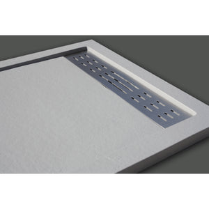White rectangular shower tray with integrated dark grey slate-effect drainage channel and perforated grate detail, 25mm height, modern minimalist design