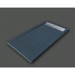 Flair Gemstone Slate rectangular shower tray in dark blue-grey with white edge trim and product label, 25mm height, shown at an angle on neutral background