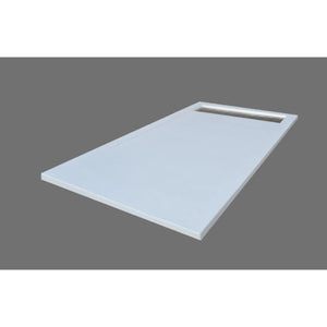 White rectangular shower tray with integrated drain, 25mm height, slate finish stone resin construction, viewed from above at angle against grey background