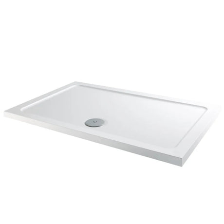 White rectangular acrylic shower tray with slimline 40mm height, chrome drain cover, and beveled edges on white background