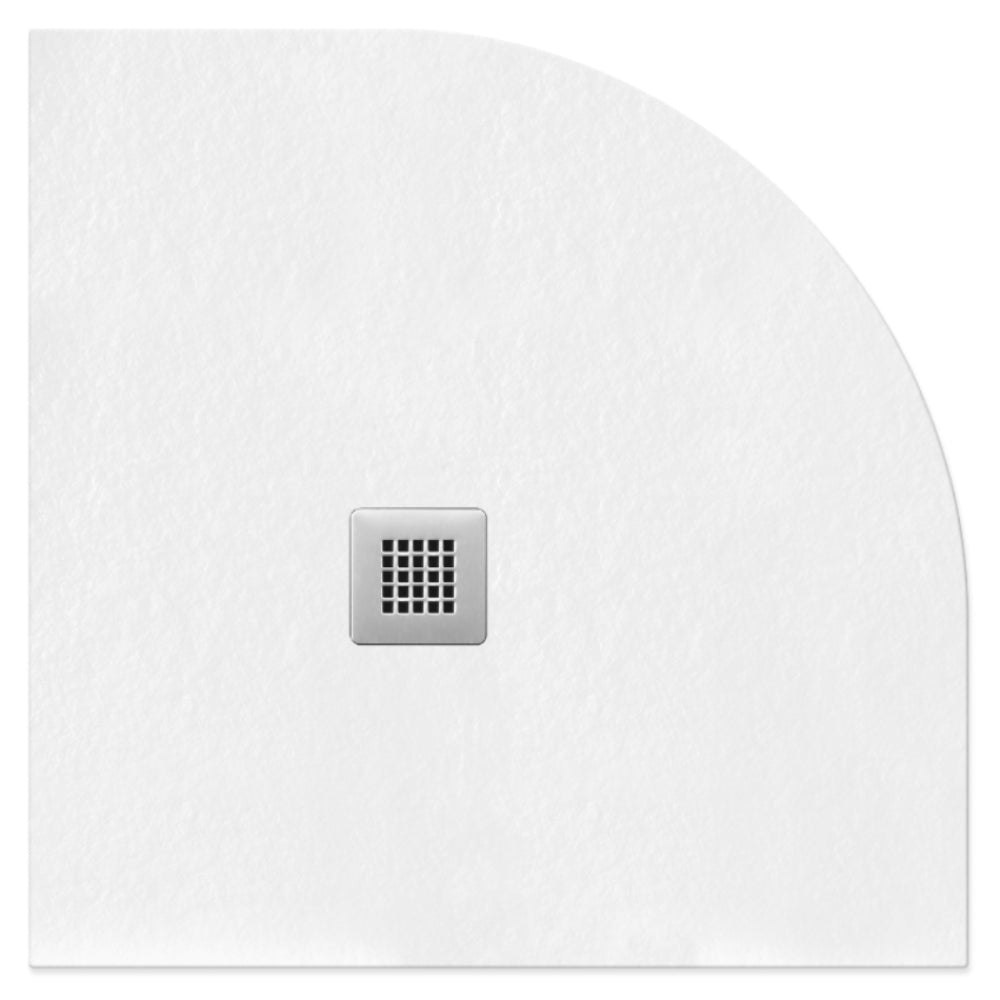White gemstone slate quadrant shower tray with integrated stainless steel waste outlet, 25mm height, modern bathroom fixture