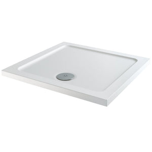 White square slimline shower tray with 40mm height and chrome waste outlet, modern minimalist design viewed from above at an angle