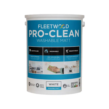 Fleetwood Pro-Clean Washable Matt white paint 1 litre tin with blue label featuring easy-to-use, washable and mould-resistant properties for interior walls and ceilings