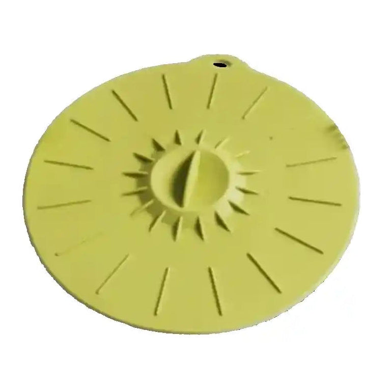 Yellow silicone suction lid with radiating ridges and central circular vent hole, Kitchen Academics Fresh Seal medium size food cover