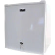 White wall-mounted cabinet with a key lock on a white background