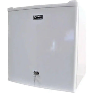 White wall-mounted cabinet with a key lock on a white background