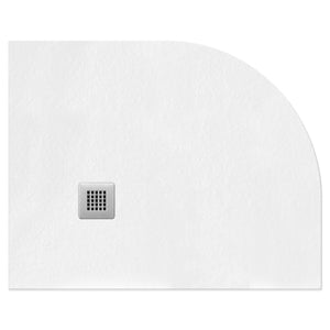 White gemstone slate rectangular shower tray with curved corner, 25mm height, featuring integrated square drainage outlet with grid pattern