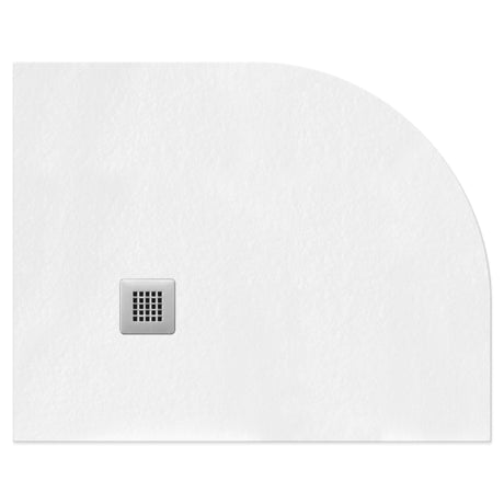 White gemstone slate rectangular shower tray with curved corner, 25mm height, featuring integrated square drainage outlet with grid pattern