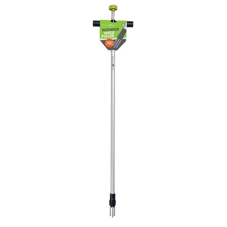 Burgon and Ball Wonder Weed Puller with green and black handle head, silver metal shaft, and forked foot for extracting weeds from gardens