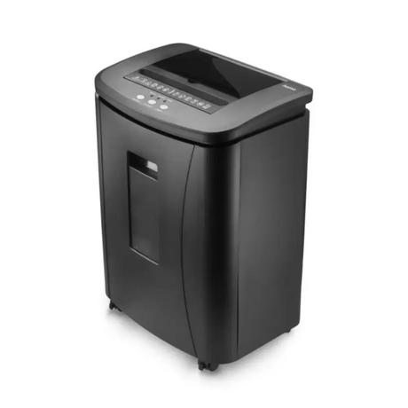 Black office paper shredder with gray top panel, digital control buttons, and front access door on wheeled base