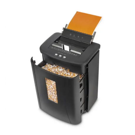 Black paper shredder with orange feed tray and shredded paper visible in collection bin, featuring control panel and safety window on front